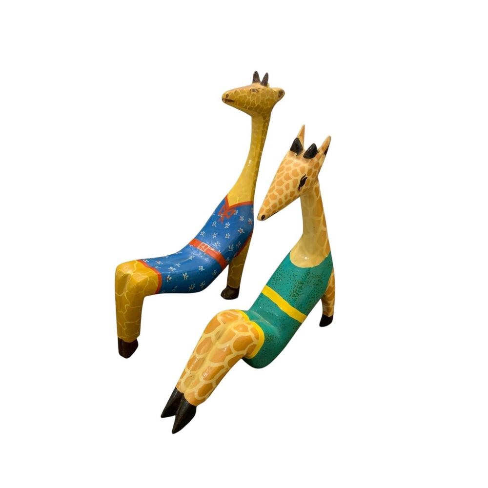 Vtg Hand Carved Giraffe Safari Folk Art Figure Set Signed Haiti Colorful 2pc